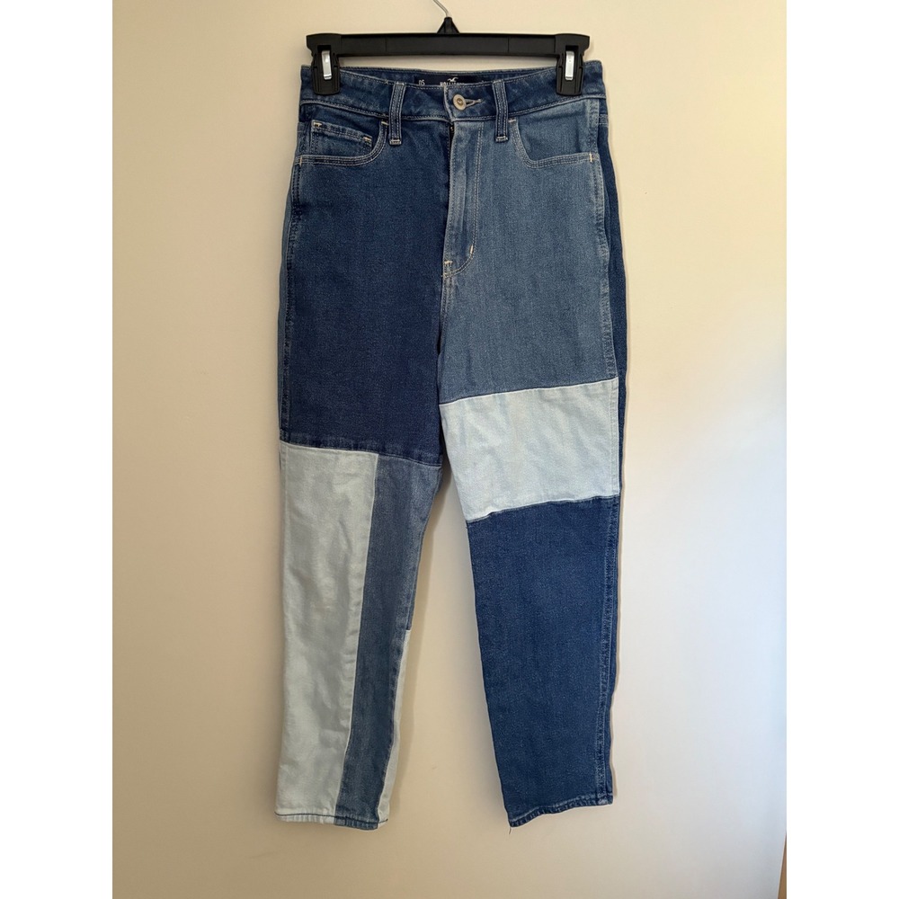 Hollister California Ultra High-Rise Mom Jeans Colorblock Patchwork Denim Sz 24